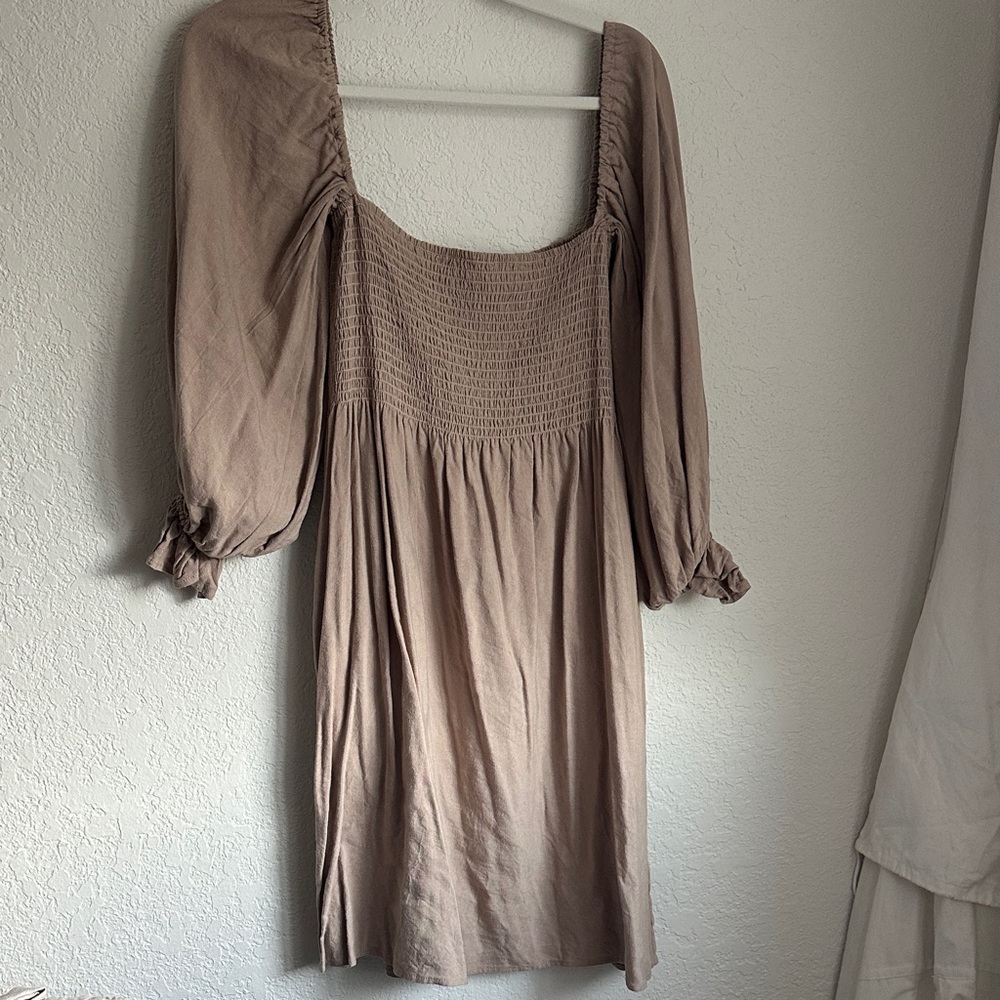Kourt Tan Smocked Linen Dress with Puff Sleeves